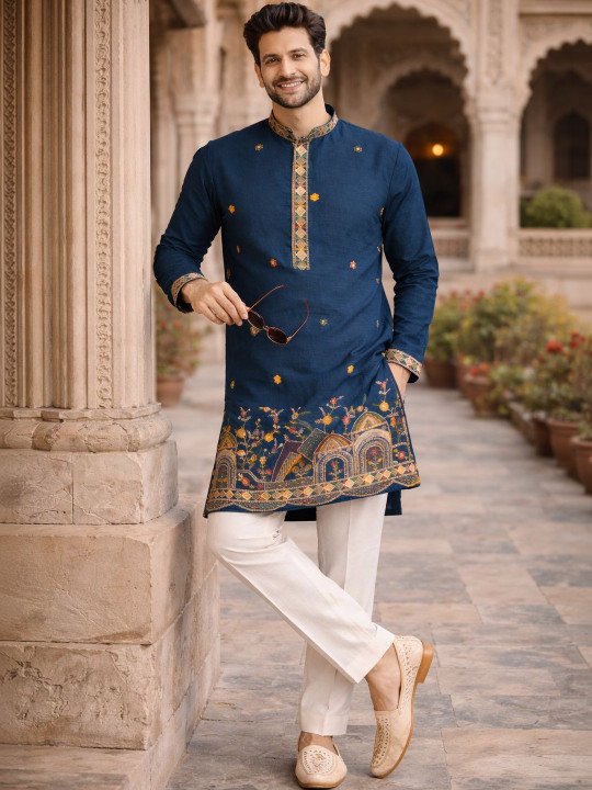 Embroidered Silk Mandarin Collar Knee Length Straight Kurta