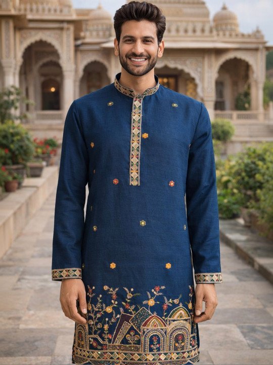 Embroidered Silk Mandarin Collar Knee Length Straight Kurta - Image 2