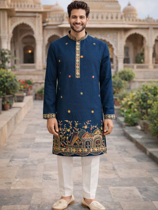 Embroidered Silk Mandarin Collar Knee Length Straight Kurta - Image 3