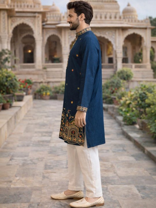 Embroidered Silk Mandarin Collar Knee Length Straight Kurta - Image 4