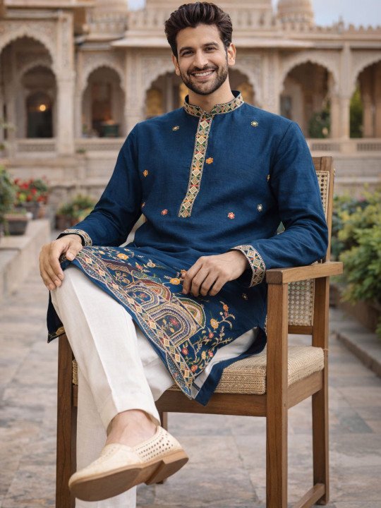 Embroidered Silk Mandarin Collar Knee Length Straight Kurta - Image 5