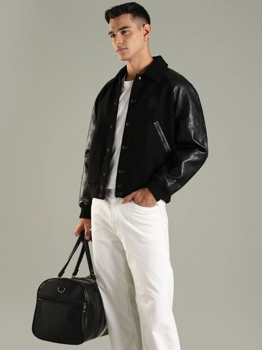 Men Spread Collar Solid Varsity Jacket