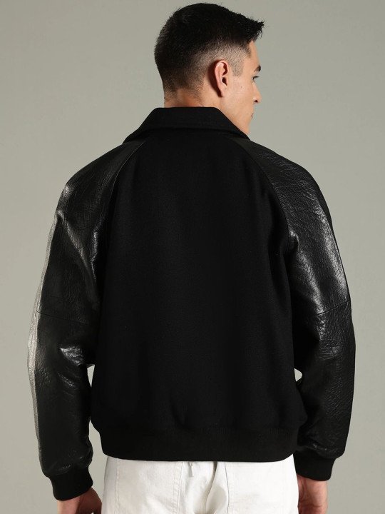Men Spread Collar Solid Varsity Jacket - Image 3