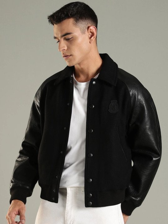 Men Spread Collar Solid Varsity Jacket - Image 4