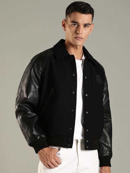 Men Spread Collar Solid Varsity Jacket - Image 6