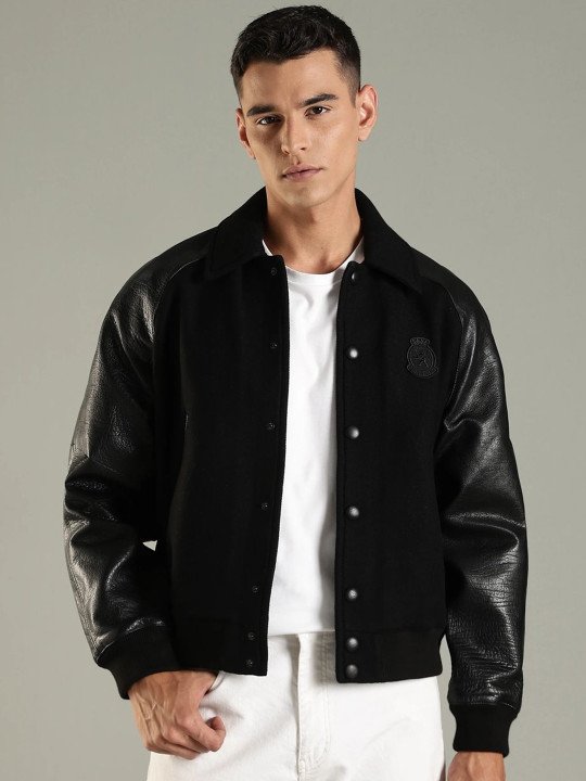 Men Spread Collar Solid Varsity Jacket - Image 7