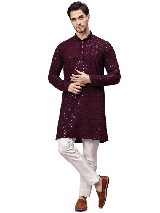 Mandarin Collar Long Sleeves Sequins Cotton Straight Kurta