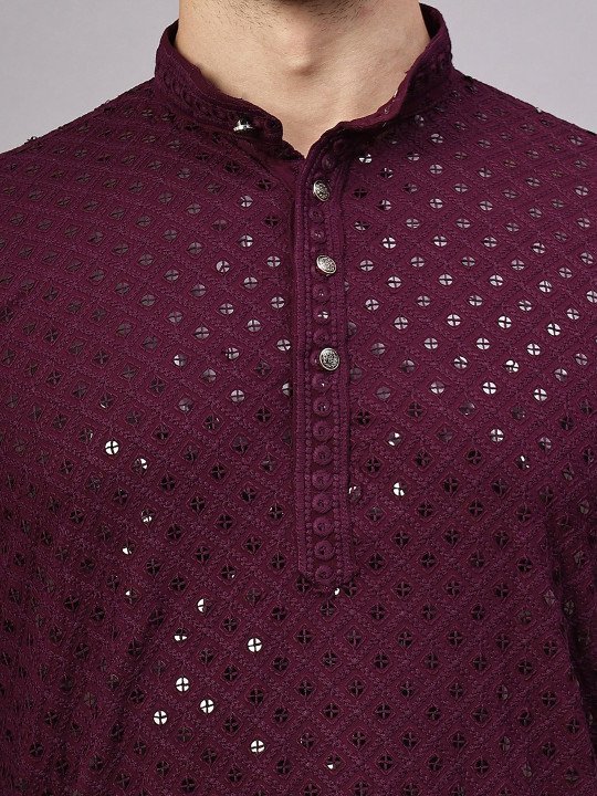 Mandarin Collar Long Sleeves Sequins Cotton Straight Kurta - Image 2