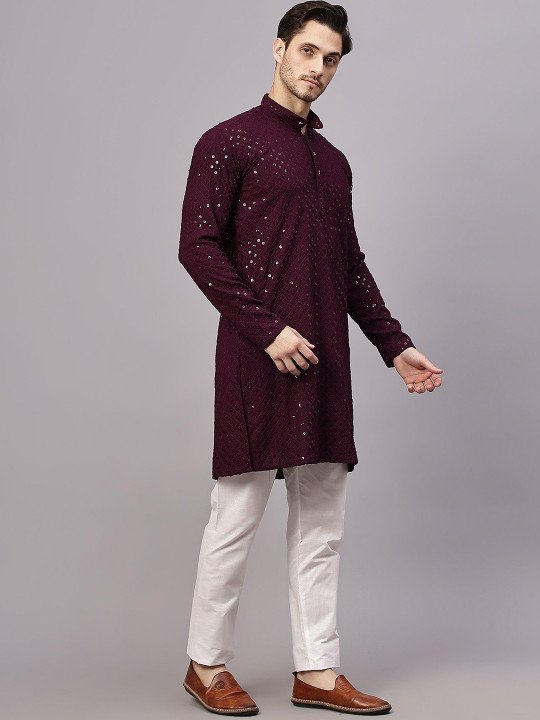 Mandarin Collar Long Sleeves Sequins Cotton Straight Kurta - Image 3
