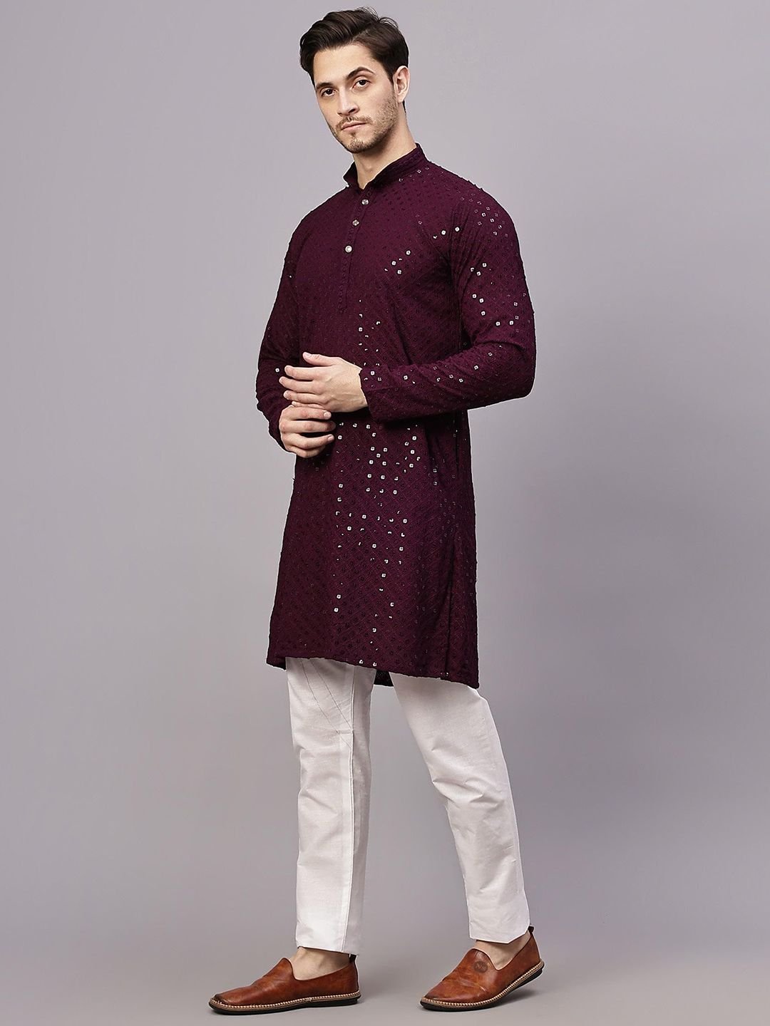 Mandarin Collar Long Sleeves Sequins Cotton Straight Kurta - Image 4
