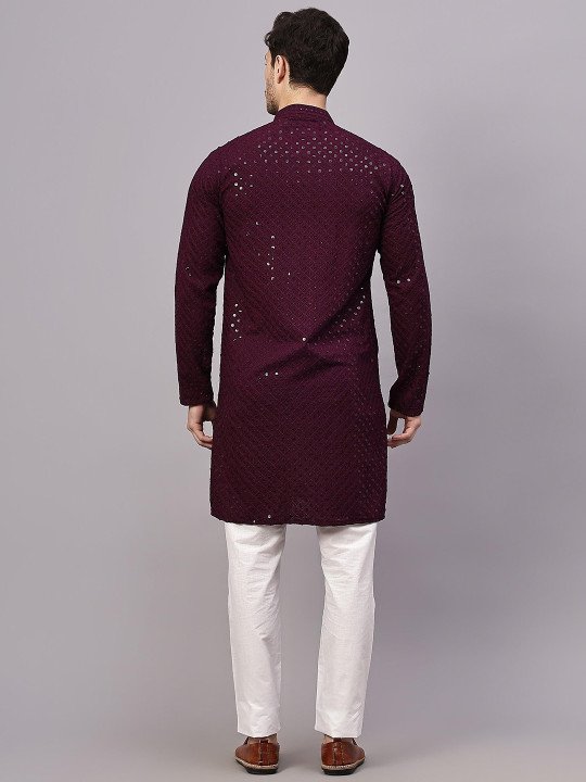 Mandarin Collar Long Sleeves Sequins Cotton Straight Kurta - Image 5