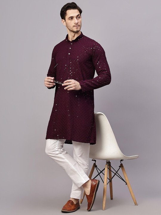 Mandarin Collar Long Sleeves Sequins Cotton Straight Kurta - Image 6