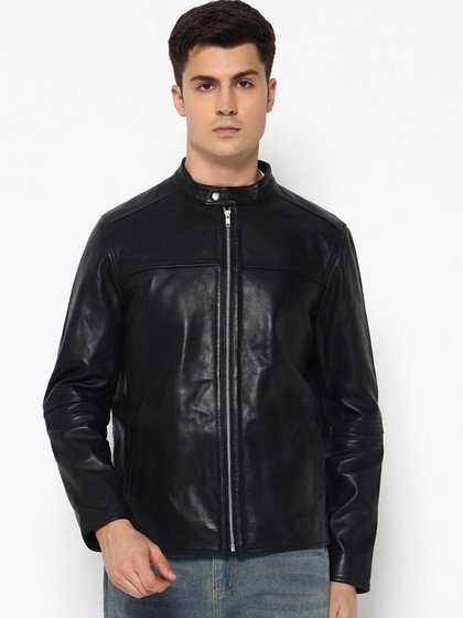Men Mandarin Collar Midnight Rider Black Leather Jacket
