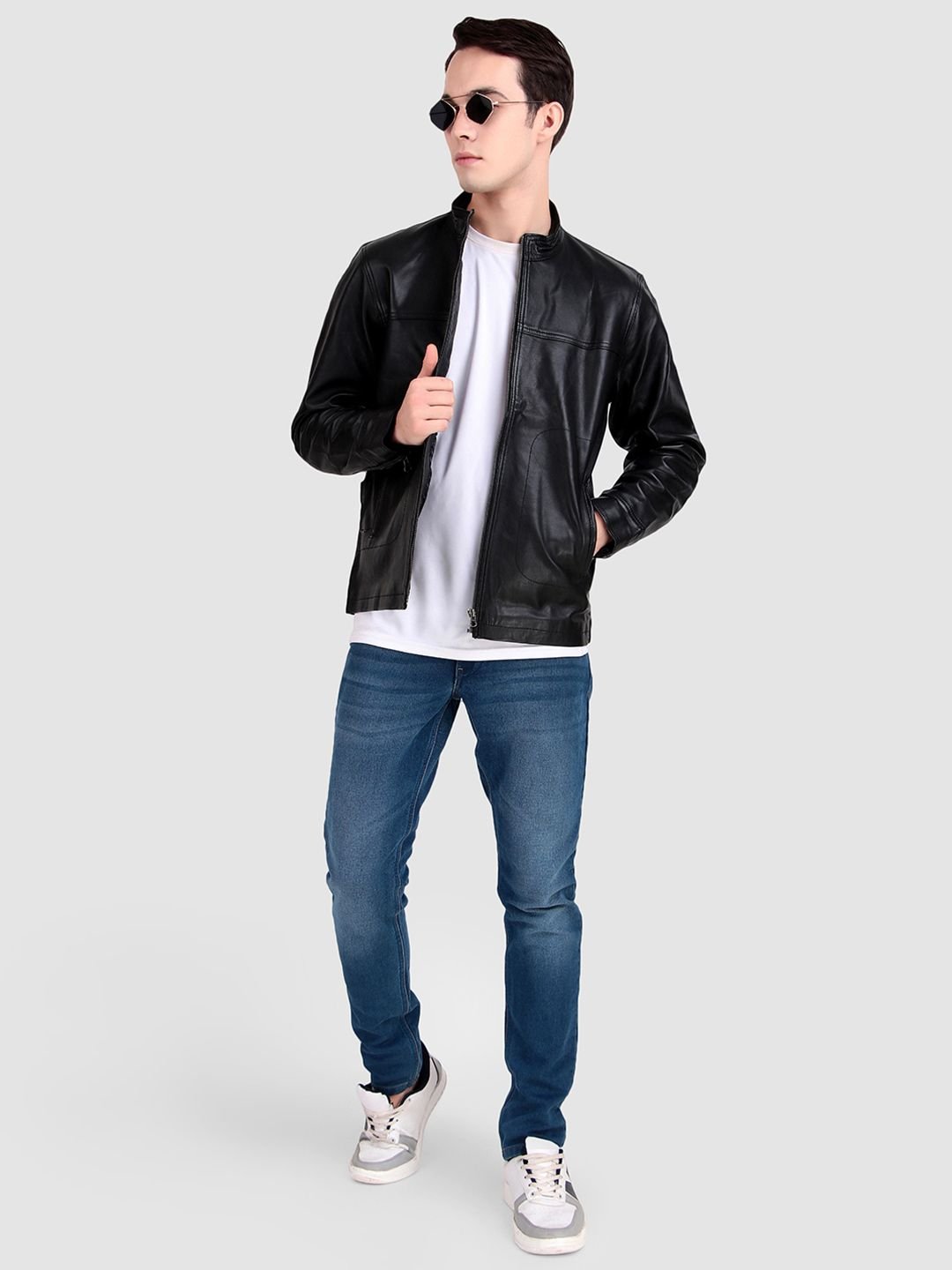 Men Mandarin Collar Midnight Rider Black Leather Jacket - Image 2