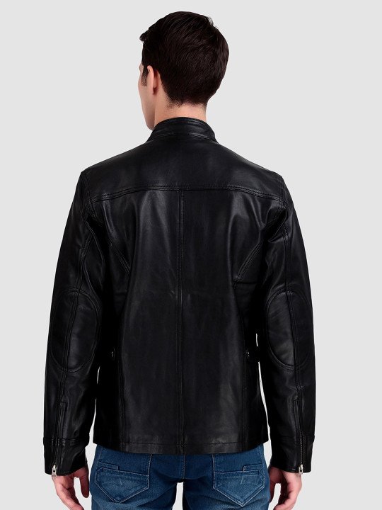 Men Mandarin Collar Midnight Rider Black Leather Jacket - Image 3