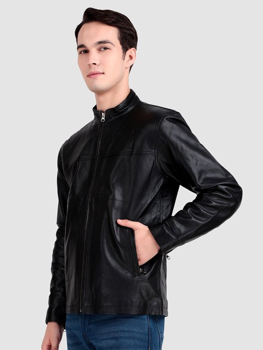 Men Mandarin Collar Midnight Rider Black Leather Jacket - Image 4