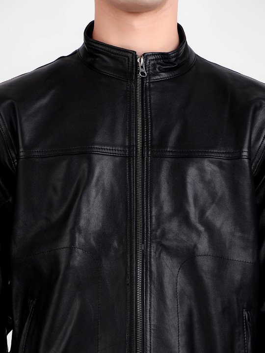 Men Mandarin Collar Midnight Rider Black Leather Jacket - Image 5