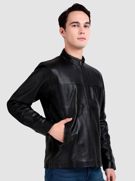 Men Mandarin Collar Midnight Rider Black Leather Jacket - Image 6