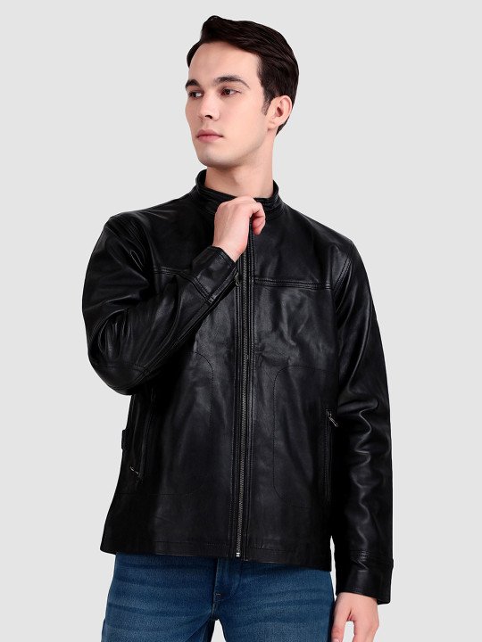 Men Mandarin Collar Midnight Rider Black Leather Jacket - Image 7