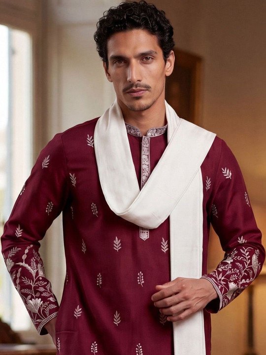 Men Maroon Silk Blend Embroidered Straight Kurta with Dupatta