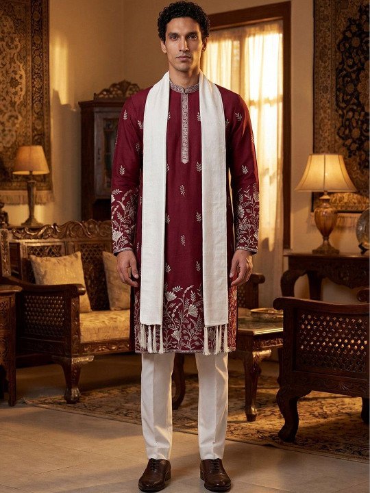 Men Maroon Silk Blend Embroidered Straight Kurta with Dupatta - Image 4