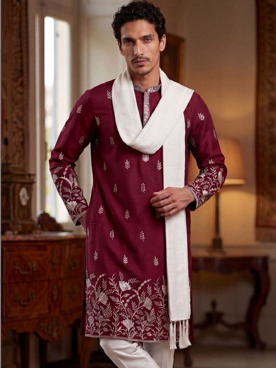 Men Maroon Silk Blend Embroidered Straight Kurta with Dupatta - Image 5