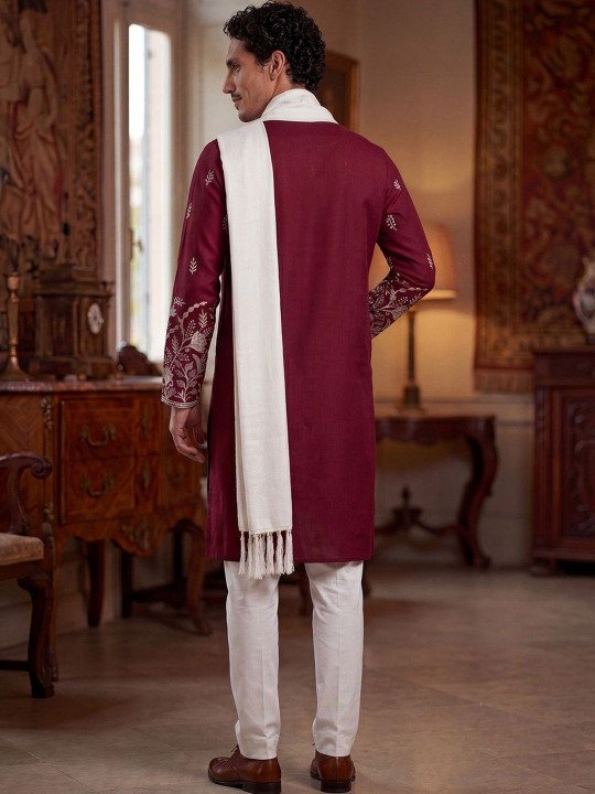 Men Maroon Silk Blend Embroidered Straight Kurta with Dupatta - Image 6