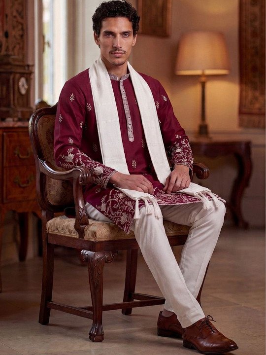Men Maroon Silk Blend Embroidered Straight Kurta with Dupatta - Image 7