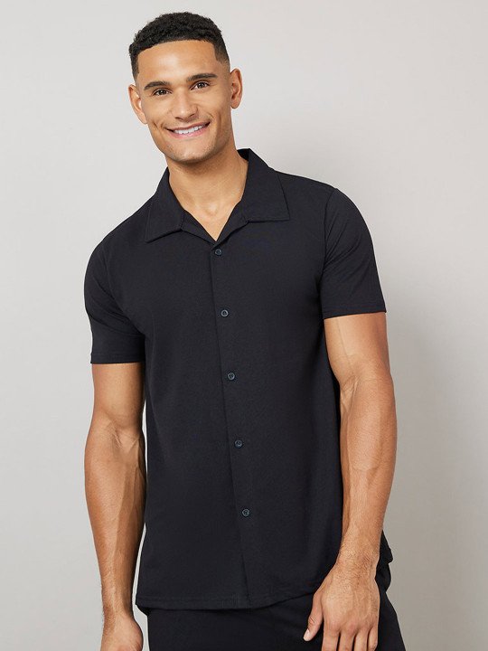 Men Black Solid Collared Short Sleeve Shirt & Pyjama Night Suit - Image 2