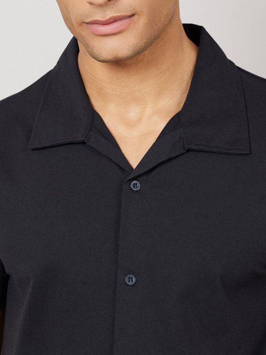 Men Black Solid Collared Short Sleeve Shirt & Pyjama Night Suit - Image 3