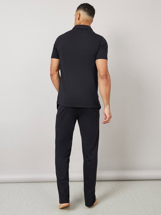 Men Black Solid Collared Short Sleeve Shirt & Pyjama Night Suit - Image 5