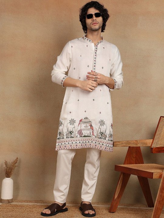 Embroidered Mandarin Collar Knee Length Straight Kurta