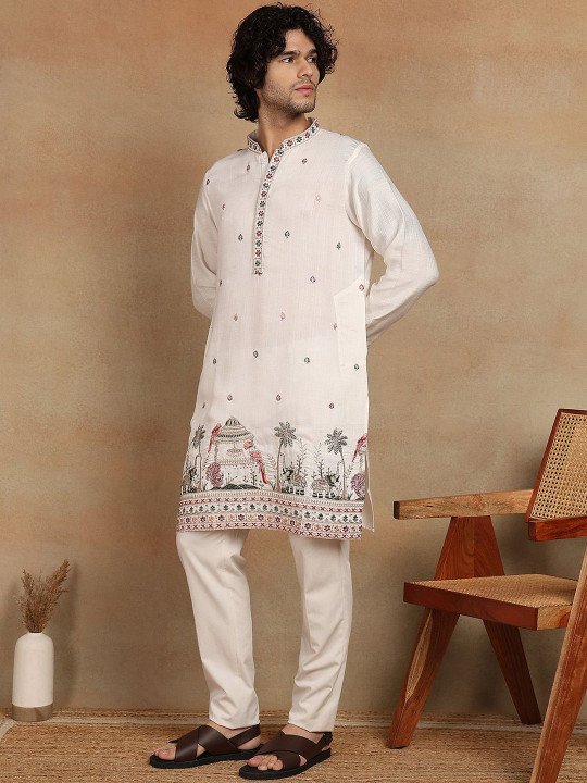 Embroidered Mandarin Collar Knee Length Straight Kurta - Image 2
