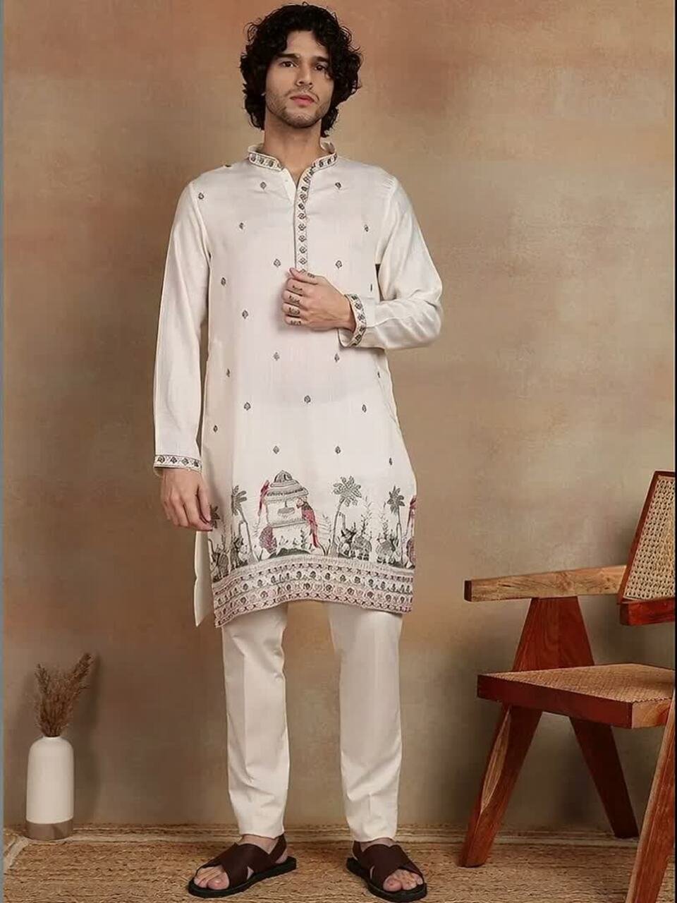 Embroidered Mandarin Collar Knee Length Straight Kurta - Image 3