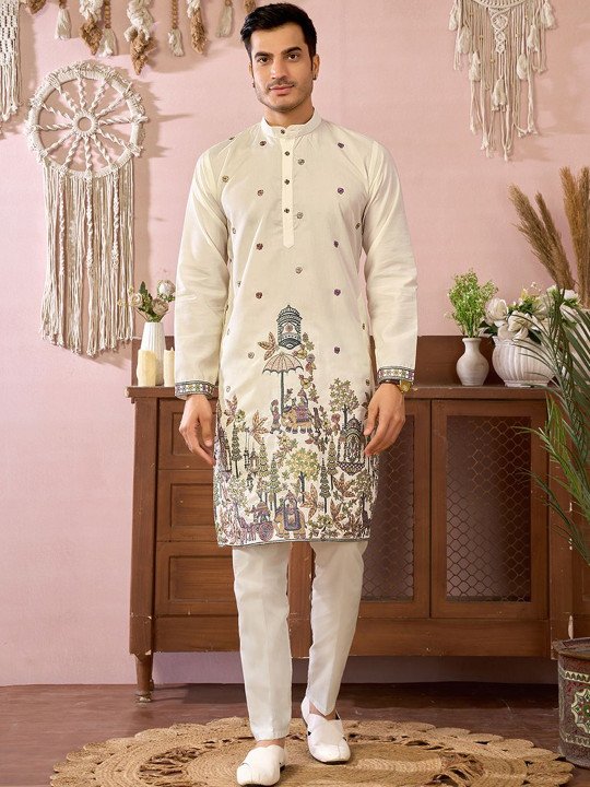 Embroidered Cotton Mandarin Collar Knee Length Straight Kurta - Image 4