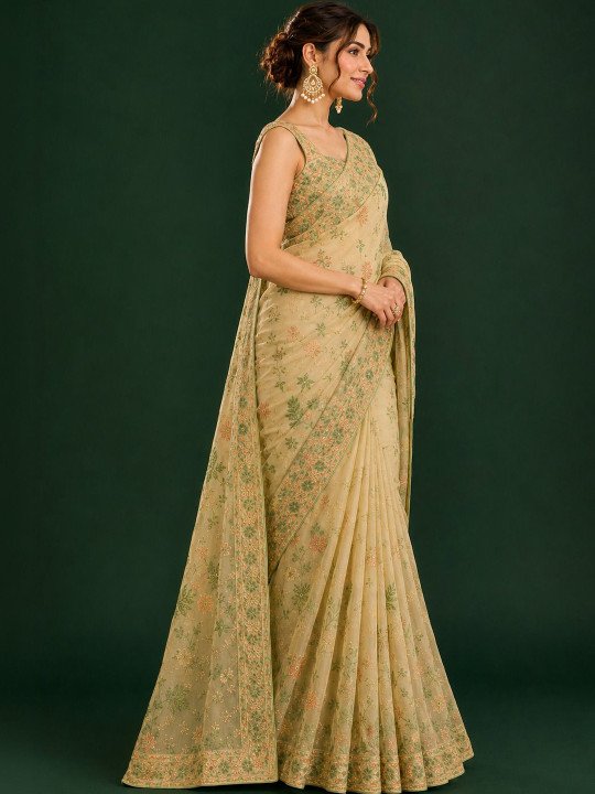 Floral Embroidered Pure Cotton Heavy Work Saree