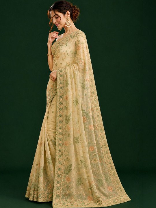 Floral Embroidered Pure Cotton Heavy Work Saree - Image 2