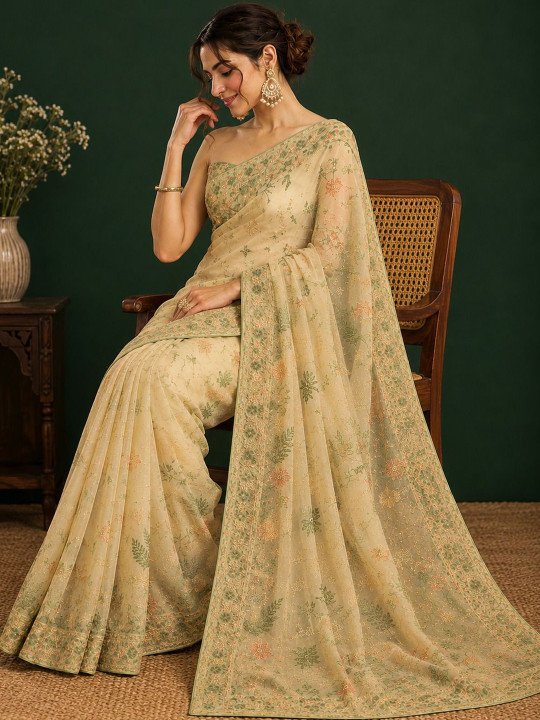 Floral Embroidered Pure Cotton Heavy Work Saree - Image 3