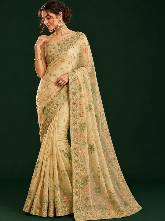 Floral Embroidered Pure Cotton Heavy Work Saree - Image 4