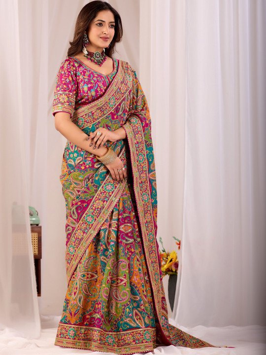 Paisley Embroidered Heavy Work Kanjeevaram Saree
