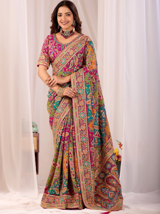 Paisley Embroidered Heavy Work Kanjeevaram Saree - Image 2
