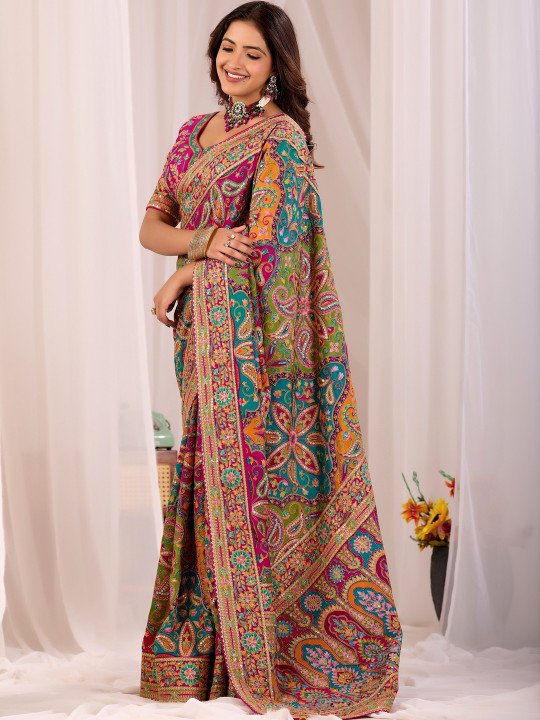 Paisley Embroidered Heavy Work Kanjeevaram Saree - Image 3