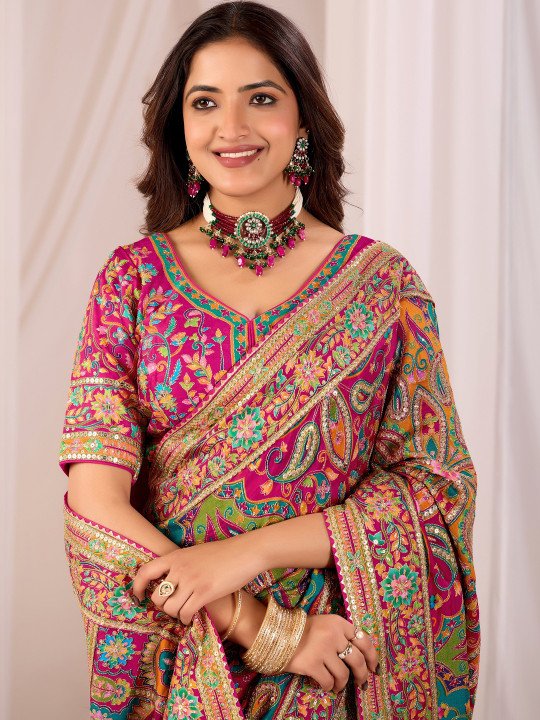 Paisley Embroidered Heavy Work Kanjeevaram Saree - Image 4