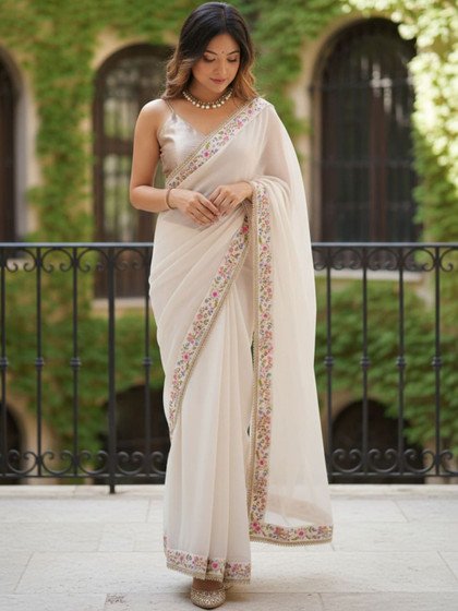 Ethnic Motifs Embroidered Pure Chiffon Saree