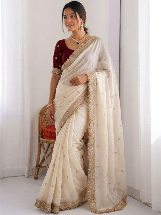 Ethnic Motifs Embroidered Pure Chiffon Saree - Image 6