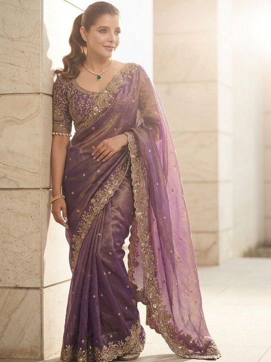 Ethnic Motifs Embroidered Satin Saree - Image 2