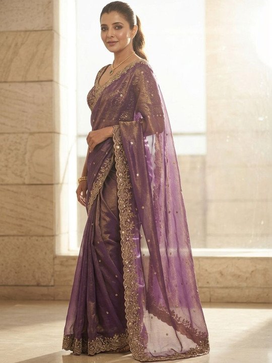 Ethnic Motifs Embroidered Satin Saree - Image 3