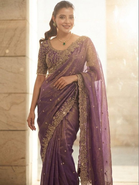 Ethnic Motifs Embroidered Satin Saree - Image 4