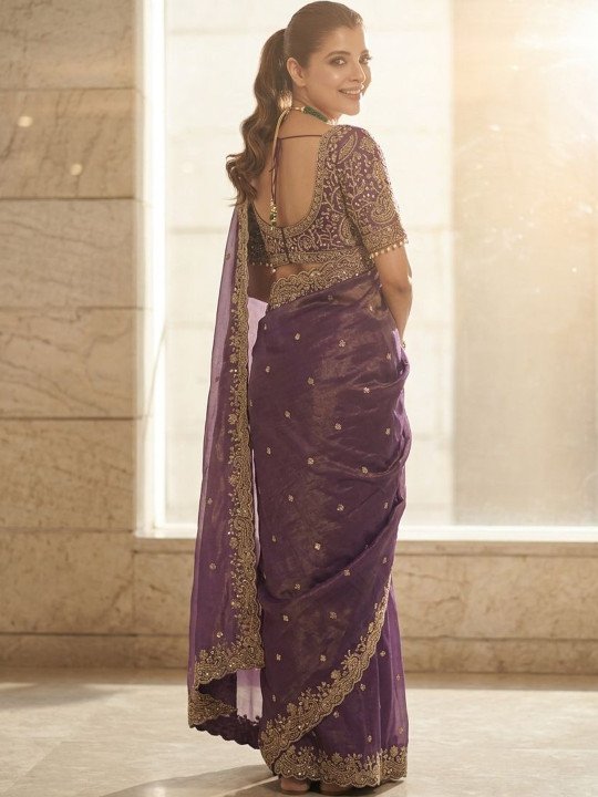 Ethnic Motifs Embroidered Satin Saree - Image 5