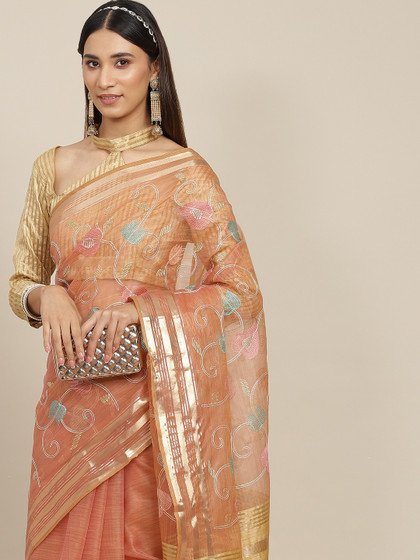 Peach-Coloured Embellished Embroidered Organza Saree